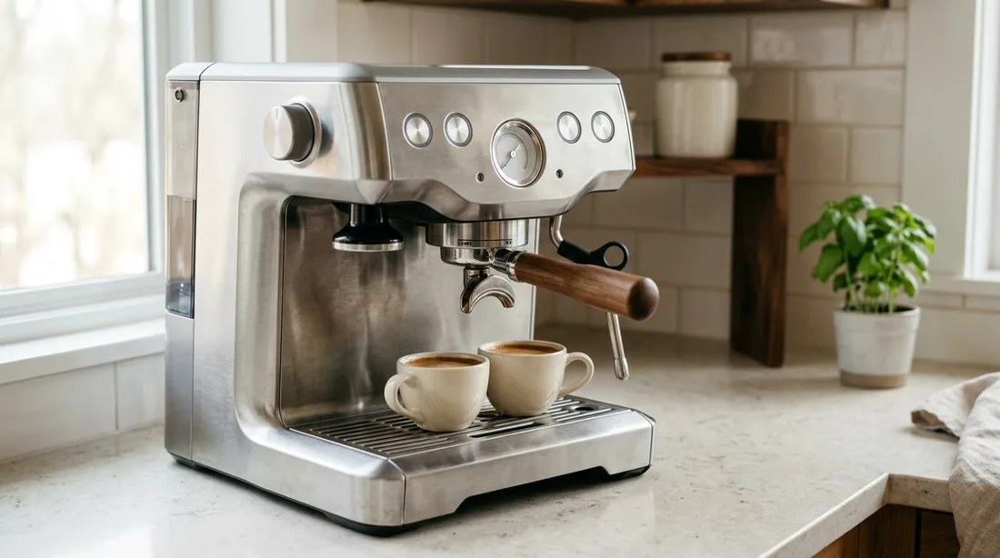 Siebträgermaschine aus Edelstahl auf einer Küchenarbeitsplatte, davor zwei gefüllte Espressotassen