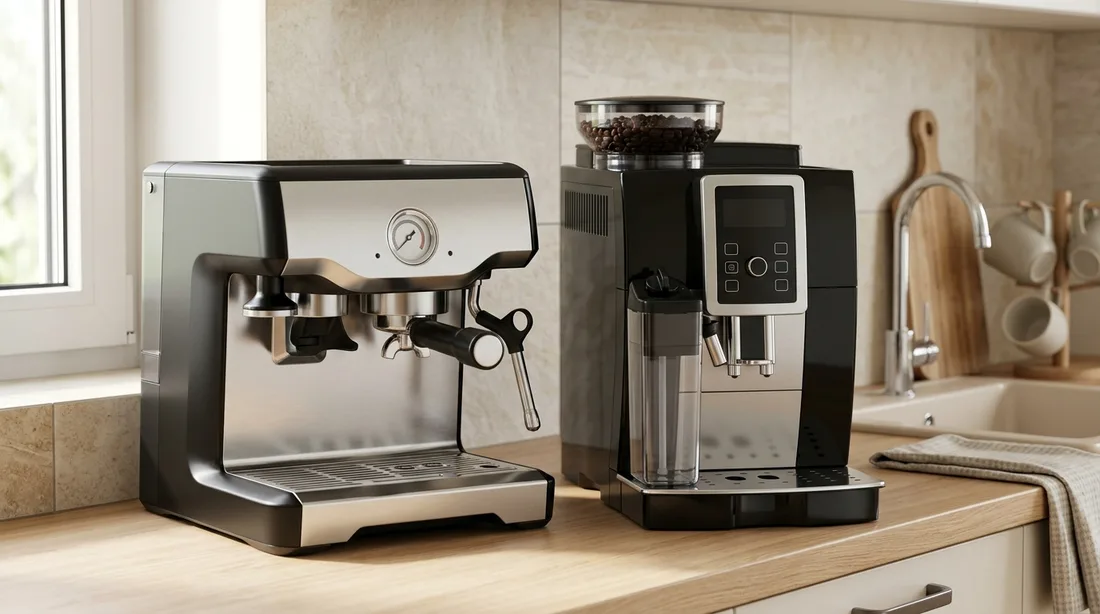 Siebträgermaschine und Kaffeevollautomat nebeneinander auf einer Küchenzeile