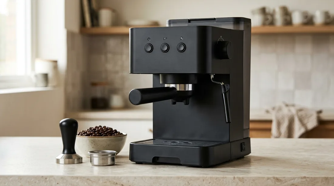 Frisch ausgepackte Espressomaschine mit Tamper, Siebeinsatz und Espressobohnen auf einer Arbeitsplatte