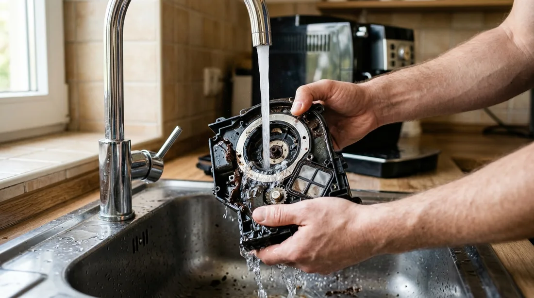 Entnommene Brühgruppe eines Kaffeevollautomaten wird unter fließendem Wasser abgespült