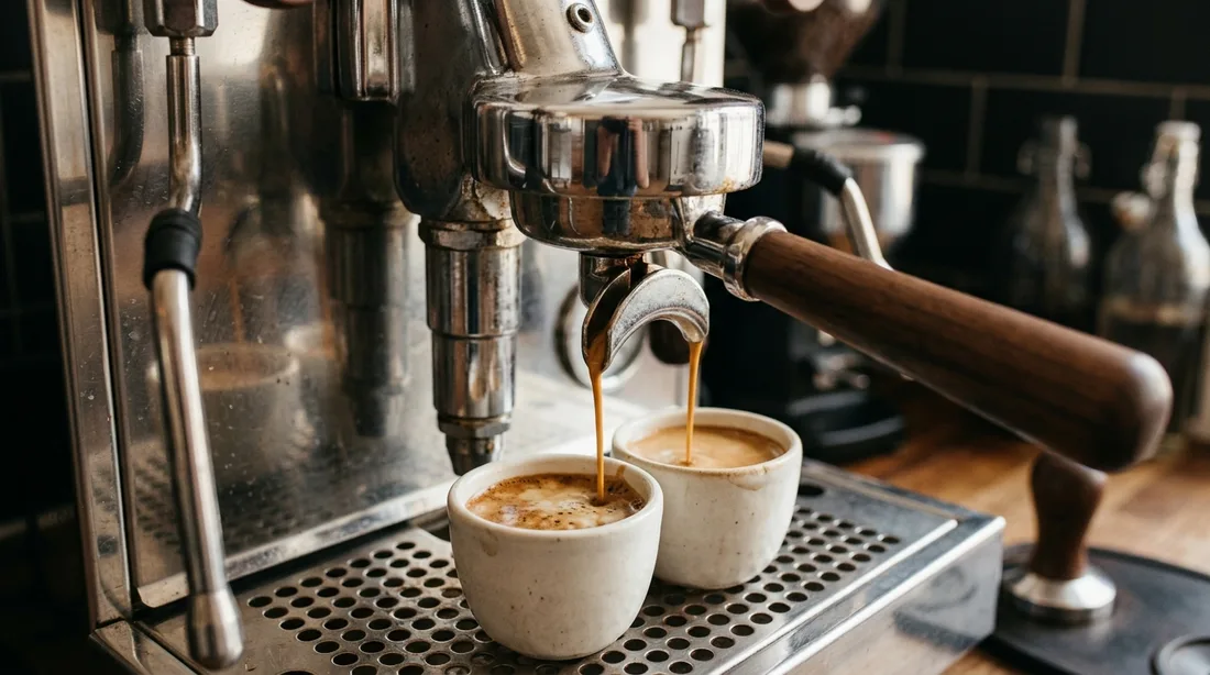 Espresso läuft aus dem Doppelauslauf eines Siebträgers in zwei Tassen, daneben liegt ein Tamper